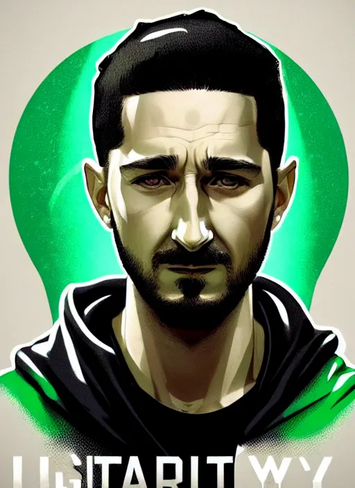 Image similar to highly detailed closeup portrait motivational poster of shia lebouf with large bold letter motivational words by greg rutkowski, by artgerm, gradient green, black and white color scheme, black border