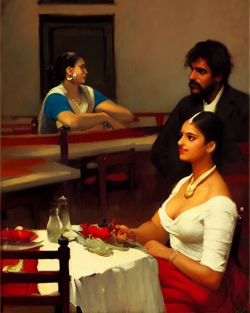 Prompt: a guy and girl on a date in a restaurant, saree, desi, art by greg rutkowski, gustave courbet, rosa bonheur, edward hopper. faithfully depicted facial expression, perfect anatomy, sharp focus, global illumination, radiant light, detailed and intricate environment, trending on artstation