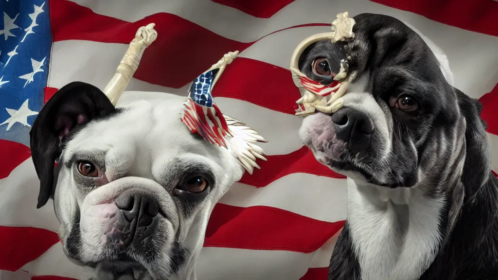 Image similar to a dog a bald eagle and a trident, patriotic, unreal engine