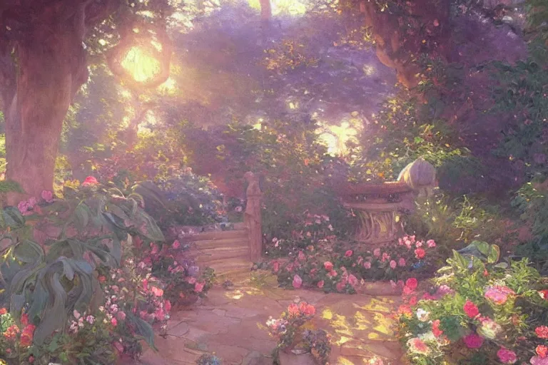 Prompt: a beautiful painting of a garden, ray of light, warm, shimmering and prismatic, rococo, by krenz cushart and mucha and monet, trending on artstation.