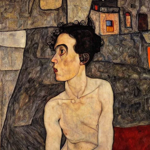 Image similar to a highly detailed painting by egon schiele of a young woman with black hair having an existential crisis in the centre of rome, 4 k