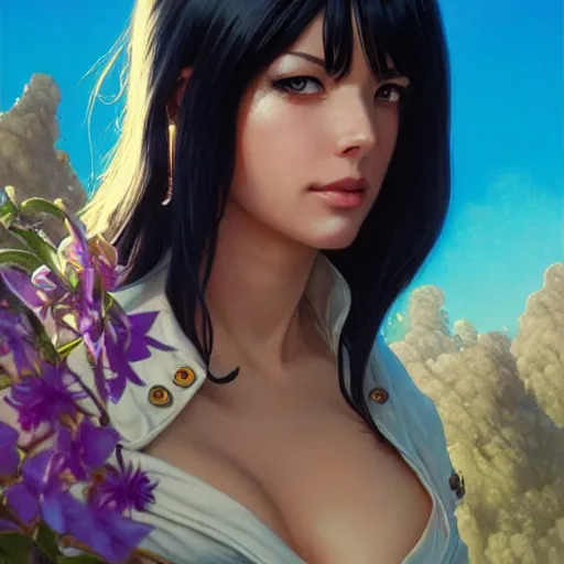 Prompt: highly detailed vfx portrait of nico robin by eiichiro oda!, stephen bliss, greg rutkowski, loish, rhads, beeple, makoto shinkai, tom bagshaw, alphonse mucha, sharp focus, art by artgerm and greg rutkowski, stanley kubrick, backlit, harsh overhead sunlight,