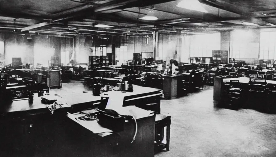 Prompt: wide shot of a newsroom 1940, cinematic, scary