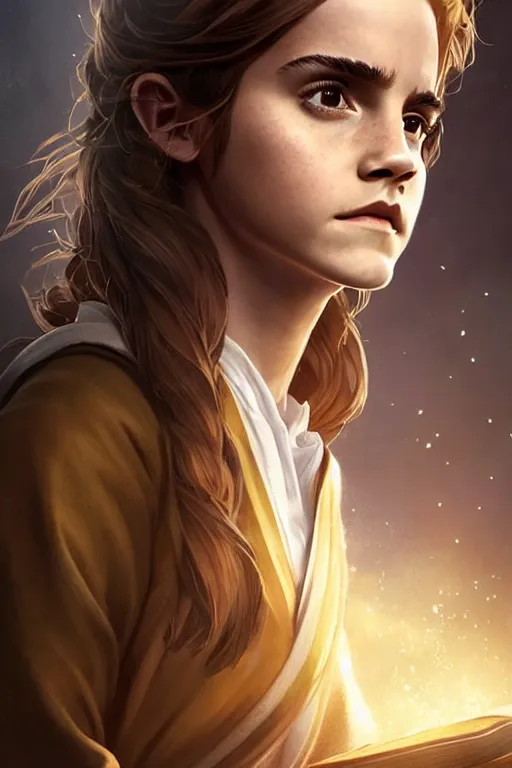 Image similar to Poster artwork, Emma Watson as Hermione Granger, wearing hogwarts!!! robes!!!, magnificent, close up, details, sharp focus, elegant, highly detailed, illustration, by Jordan Grimmer and greg rutkowski and PiNe(パイネ) and 薯子Imoko and 香川悠作 and wlop!!!! and maya takamura, intricate, beautiful, sunset!!!, Trending artstation, pixiv, digital Art