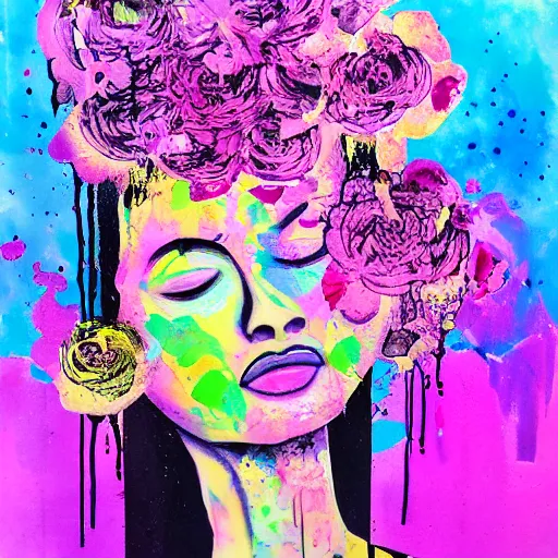 Prompt: mixed media painting of a woman with flowers coming of of her head, dripping paint, pink, purple, blue, Tahlia Stanton style