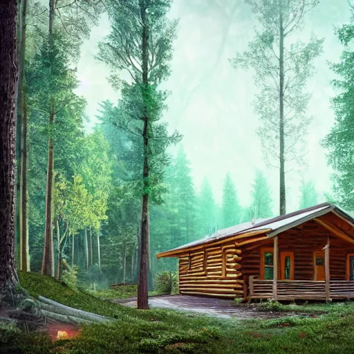 Image similar to log cabin in the woods, diffused lighting, highly detailed cinematic, epic composition, highly detailed, atmospheric, wide angle, artstation trending, warm green colors