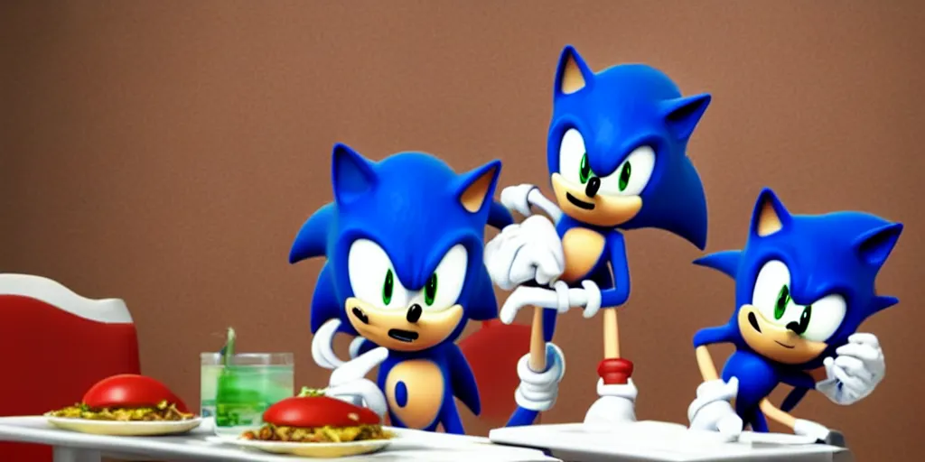 Image similar to A render of Sonic and Shadow sitting across from each other at a restaurant, Sonic looks like he is blushing, Shadow is looking away, they both have hamburgers in front of them on a plate, Blender3D, 3D, HDR, warm lighting.