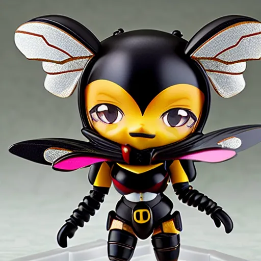 Image similar to photograph of cute bee nendoroid with themed armor with crimson - black metal bee wings, portrait, hyperdetailed, artstation, cgsociety, 8 k, by tangerine dream