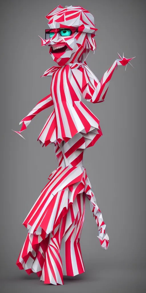 Image similar to anthropomorphic candy woman wearing a flowing paper couture dress striped like a candy cane, paper candy people, paper origami candy, pastel lighting, 3D, very detailed, octane render, trending ArtStation, artgem