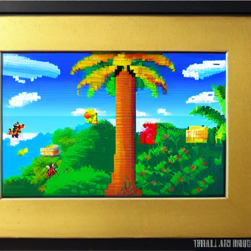 Prompt: a framed painting of a beautiful pixel art tropical landscape