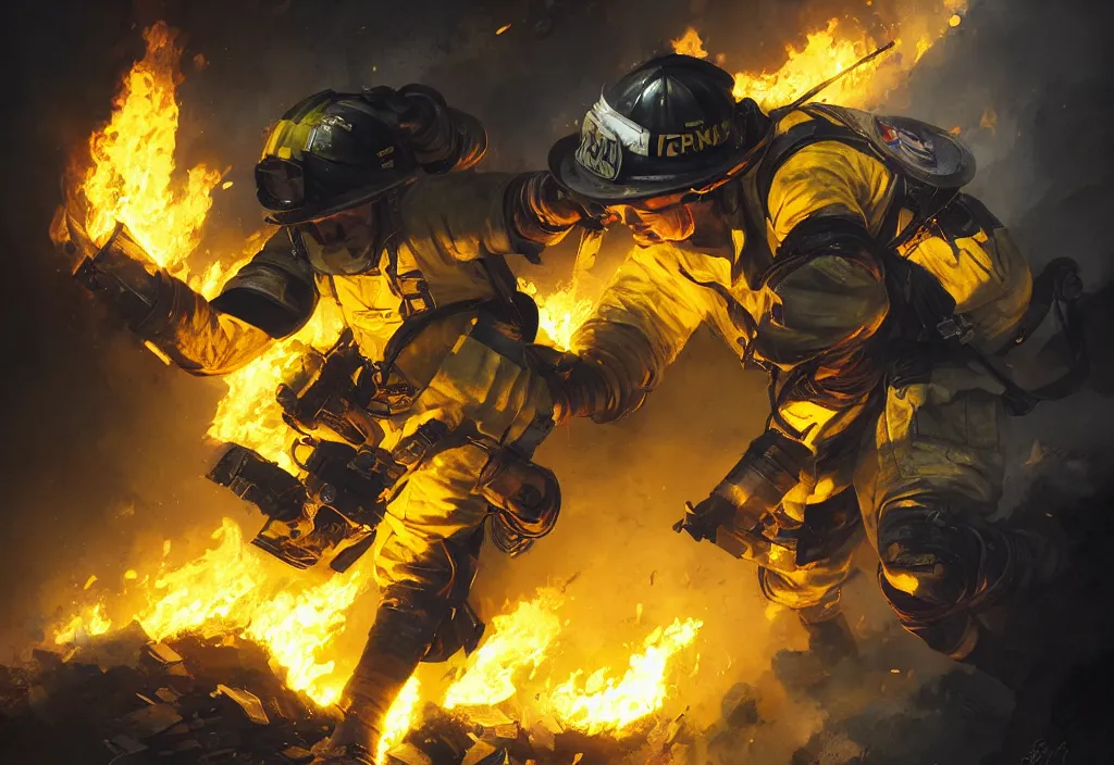 Image similar to one heroic firefighter in action in black and yellow uniform, fire flames, sharp details, sharp focus, photorealistic, octane, hyper detailed, trending on deviantart, illustration, by jordan grimmer and greg rutkowski and pine ( ハイネ ), intricate