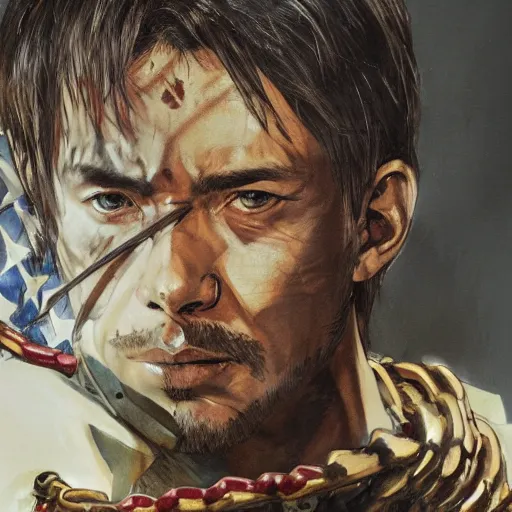 Prompt: portrait of a hero holding his sword in front of his face by yoji shinkawa, high quality, extra details, realism, ornate, colored, golden chain, blood, white skin, short hair, brown eyes, vivid, sunlight, dynamic, american man, freedom, white american soldier, painting, hidden face, twin snakes