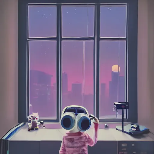 Image similar to a little girl with headphone by yoshitomo nara, in her room, 1 9 8 0, retrofuturism, clean, window, cat, bookself, vase, desk, at night, dramatic lighting, alien technology, detailed by simon stalenhag