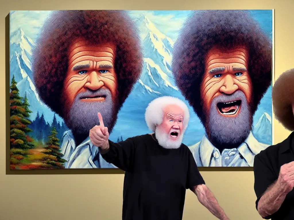 Image similar to old bob ross is sad and angry and yelling at a huge painting by bob ross