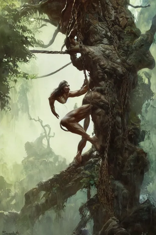 Image similar to tarzan swinging from a tree, by Frank Frazetta, Greg Rutkowski, Boris Vallejo, epic fantasy character art, Exquisite detail, post-processing, low angle, masterpiece, cinematic