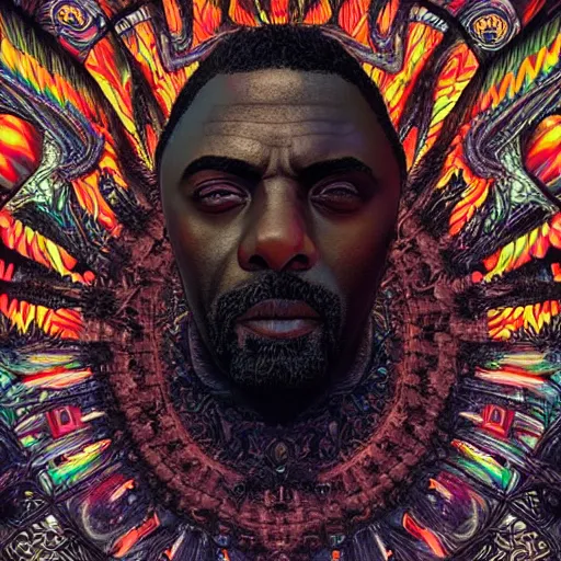 Image similar to portrait of idris elba, hyper detailed masterpiece, neon floral pattern, jean giraud, digital art painting, darkwave goth aesthetic, psychedelic, artgerm, donato giancola and tom bagshaw