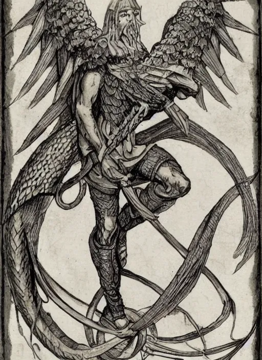 Image similar to Aspis a fantasy charater Proto-Slavic mythology, a winged snake with two trunks and a bird's beak. Aspis is invulnerable to conventional weapons, it cannot be killed with a sword or arrow, but can only be burned