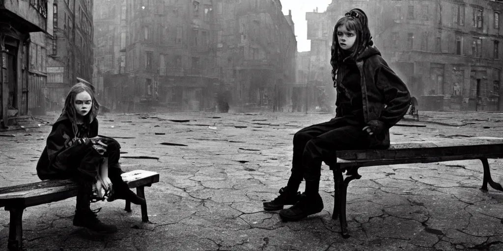 Prompt: mid shot of sadie sink in hoodie sits on bench in ruined square, pedestrians walk by | steampunk tenement windows in background : 3 5 mm film, anamorphic, from schindler's list by steven spielberg. cyberpunk, cinematic atmosphere, detailed and intricate, perfect anatomy