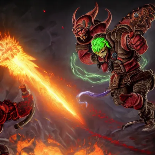 Image similar to link and ganon battle in hell in the style of doom eternal ed binkley