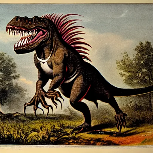 Prompt: antique lithograph from 1 9 0 0 of mr t as a tyrannosaurus rex, running in a field