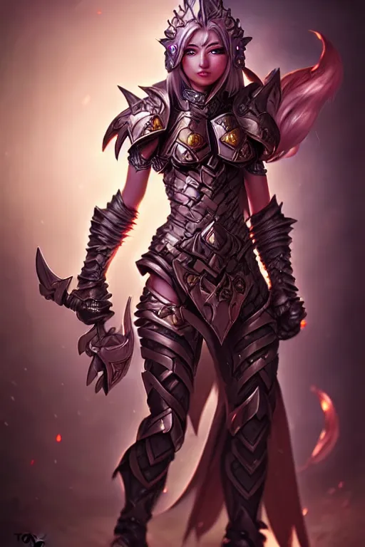 Prompt: sakimi chan, fantasy armor, detailed face, detailed hands, dynamic lighting, tony sart