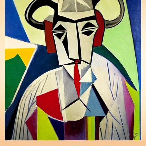 Prompt: beautiful painting, photo buffalo horns, Benedict Cumberbatch as bull! by Pablo Picasso, 4 K