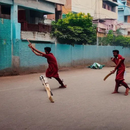 Prompt: four tamil friends playing a game of cricket, on an indian street, award winning picture, national geographic, photo realistic