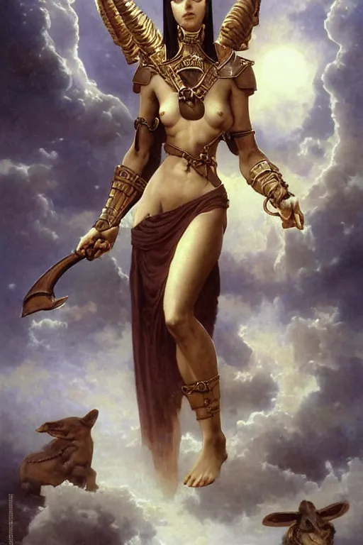 Image similar to Mystical Valkyrie, full portrait of a beautiful female Anubis Warrior, Regal, Realistic, Refined, Detailed Digital Art, Oil Painting, William-Adolphe Bouguereau, Art Frahm, Steampunk, Walt Disney (1937), frank frazetta, dynamic lighting, daily deviation, very very very very very beautiful, character illustration by Josephine wall, Highly Detailed, Cinematic Lighting, Unreal Engine, 8k, HD