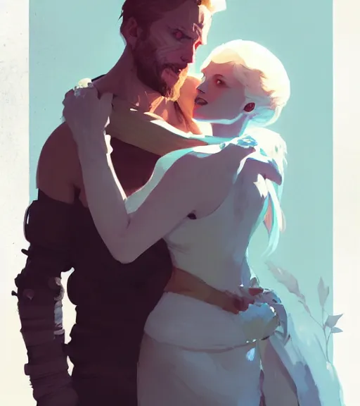 Prompt: portrait of anders from dragon age hugging a beautiful woman by atey ghailan, by greg rutkowski, by greg tocchini, by james gilleard, by joe fenton, by kaethe butcher, dynamic lighting, gradient light blue, brown, blonde cream and white color scheme, grunge aesthetic