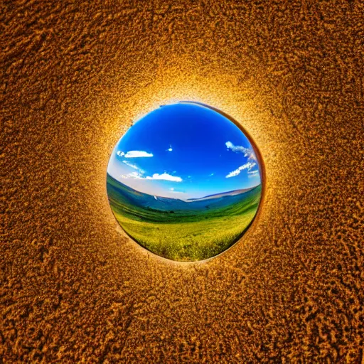 Prompt: macro photo bright day of a tiny sphere containing an oasis world on the ground in the gobi desert