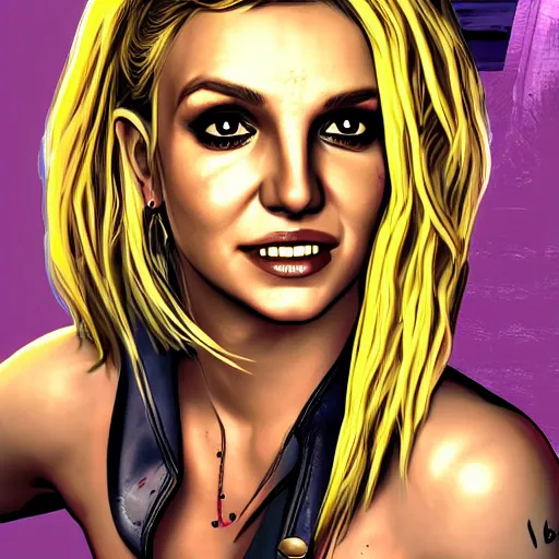 Image similar to britney spears portrait, borderlands, tales from the borderlands, the wolf among us, comic, cinematic lighting, studio quality, 8 k