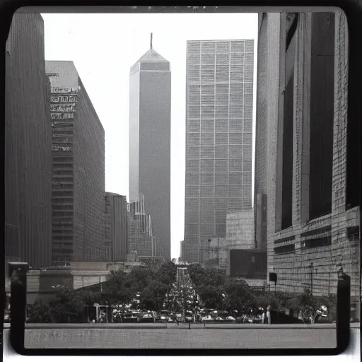 Image similar to the world trade centre towers in 1990, Polaroid, highly detailed, real life, nostalgia