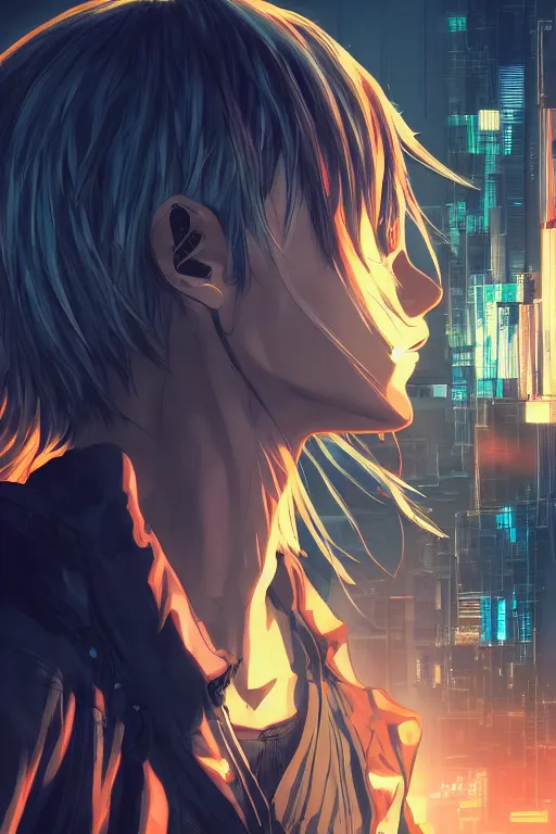 Image similar to beautiful anime man, detailed face, cyberpunk environment, sunset, very accurate and detailed, 8k