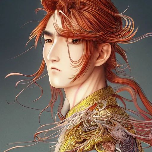 Image similar to an immortal xianxia cultivator with long golden hair as an absurdly handsome, elegant, young anime man, ultrafine hyperrealistic detailed face illustration by kim jung gi, irakli nadar, intricate linework, sharp focus, bright colors, matte, final fantasy, unreal engine highly rendered, global illumination, radiant light, intricate environment