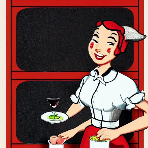 Image similar to beautiful female sheep anthropomorphic working as a waitress from the 5 0 s, cartoon, digital art, full character, high detail drawing