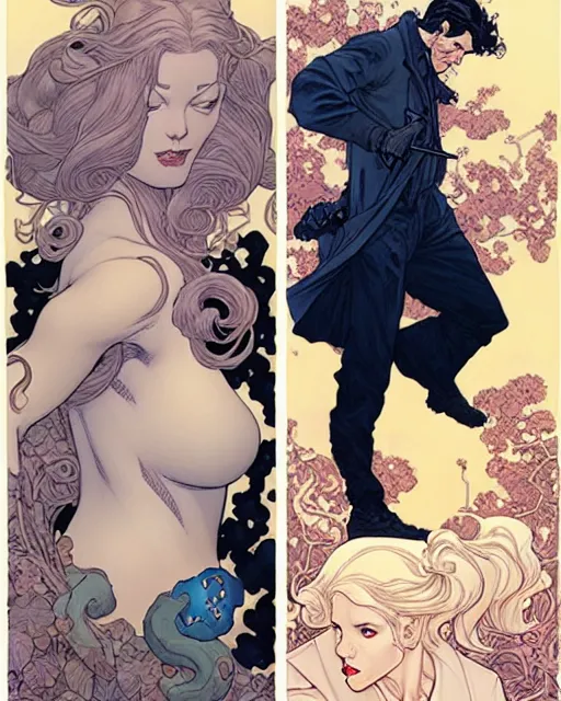 Image similar to a handsome man and a beautiful woman back to back artwork by james jean, Phil noto and rebecca guay