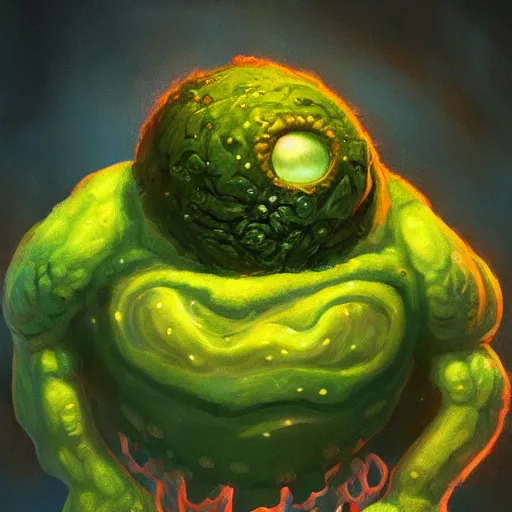 Image similar to a giant cyclops one - eyed cyclops bumpy ball green pea monster with boney arms, lovecraft, trending on artstation, 4 k, video game art, oil painting