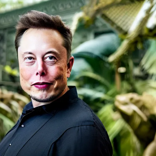 Image similar to A Photo Portrait of elon musk Wearing Indonesian Batik at a fancy Balinese temple, award winning photography, sigma 85mm Lens F/1.4, blurred background, perfect faces