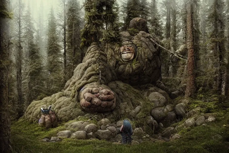 Image similar to huge mountain troll in a swedish forest, very low angle photograph, very detailed, trending on artstation, realistic, soft colors, illustration by john bauer, simon stålenhag