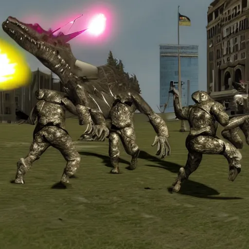 Prompt: futuristic soldiers fighting a dinosaur in garry's mod, in game screenshot