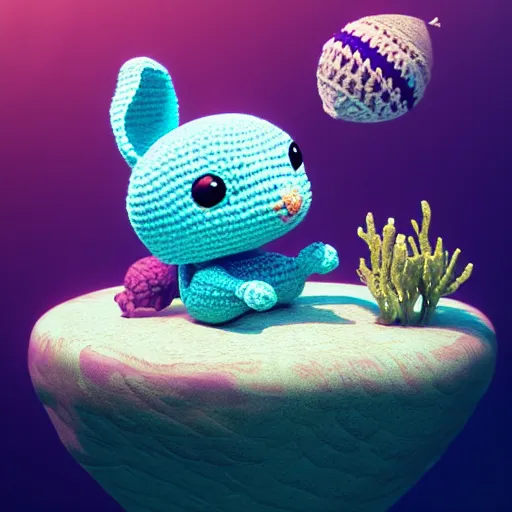 Image similar to a baby crochet bunny diving underwater. cute, illustration, digital art, inspired by little big planet, by greg rutkowski, sharp, masterpiece, highly detailed, photorealistic, octane render, 8 k, unreal engine 5, trending on artstation, vivid colors