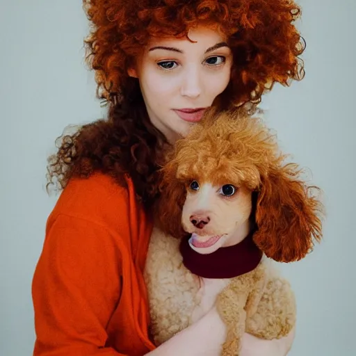 Prompt: a beautiful pale woman with orange hair holding both a curly headed baby boy and also a brown poodle, abstract