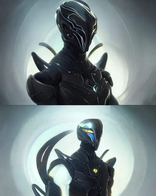 Image similar to iridescent sinewy smooth muscular male warframe sleek glossy black pearlescent scifi armor with smooth black featureless helmet, by greg rutkowski, mark brookes, jim burns, tom bagshaw, magali villeneuve, trending on artstation