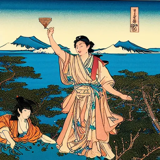 Prompt: Tucker Carlson The Goddess of Nature in a desert, by Hokusai and James Gurney