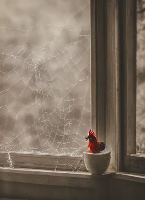 Image similar to a film production still, 2 8 mm, wide shot of a cabin interior, rooster, wooden furniture, cobwebs, spiderwebs, window light illuminates dust in the air, abandoned, depth of field, cinematic