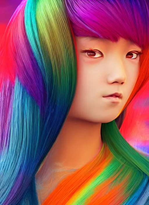 Image similar to teenage rainbow hair asian girl wearing an orange superhero costume, anime digital art, au naturel, hyper detailed, digital art, trending in artstation, cinematic lighting, studio quality, smooth render, unreal engine 5 rendered, octane rendered, art style by klimt and nixeu and ian sprigger and wlop and krenz cushart