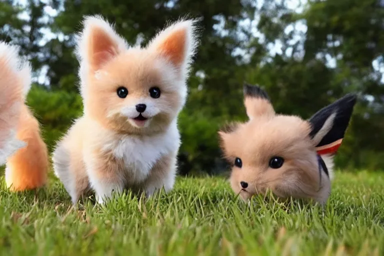 Image similar to real life pokemons, cute!!!, content!!!, mischievous!!!, adorable!!!, little furballs, fluffy!!!, ultra realistic!!!, golden hour, sharp focus