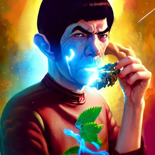 Prompt: an epic fantasy comic book style portrait painting of spock smoking ganja, weed, marihuana, stoned, studio ghibli, unreal 5, daz, hyperrealistic, octane render, cosplay, rpg portrait, dynamic lighting, intricate detail, harvest fall vibrancy, cinematic