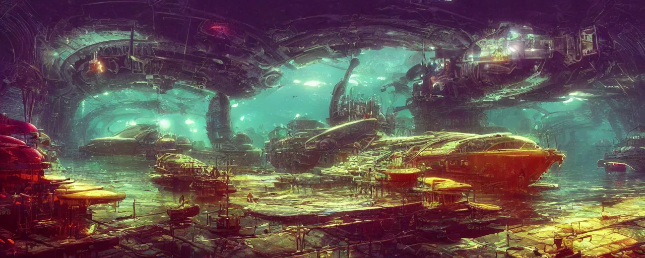 Prompt: ” underwater otherwordly submarina dock, [ pods, terminal, cinematic, detailed, epic, widescreen, opening, establishing, mattepainting, photorealistic, realistic textures, octane render, art by slop and paul lehr ] ”
