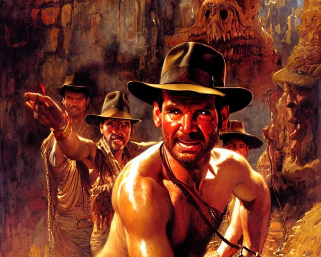 Image similar to indiana jones and the temple of doom, painting by gaston bussiere, craig mullins, j. c. leyendecker, tom of finland